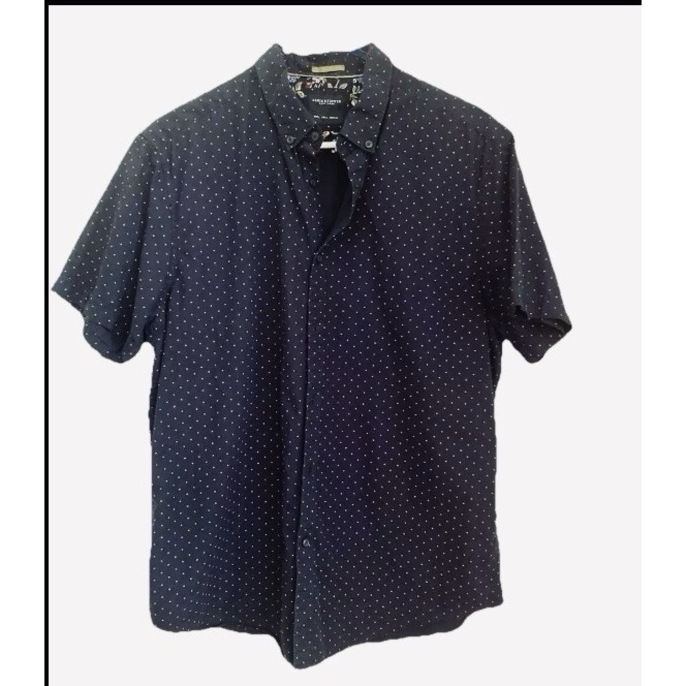 Denim & Flower Ricky Singh‎ Shirt Sz Large navy pink polkadot short sleeve Men
